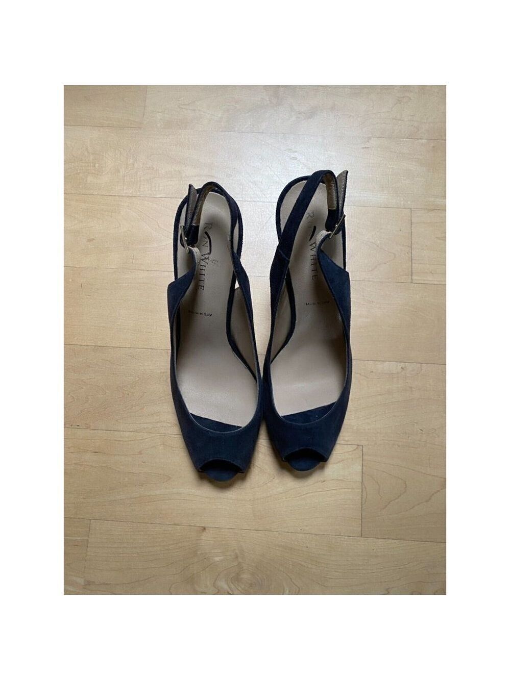 Ron White "Brooks" peep toe slingback heel Brand NEW suede navy blue Italy
